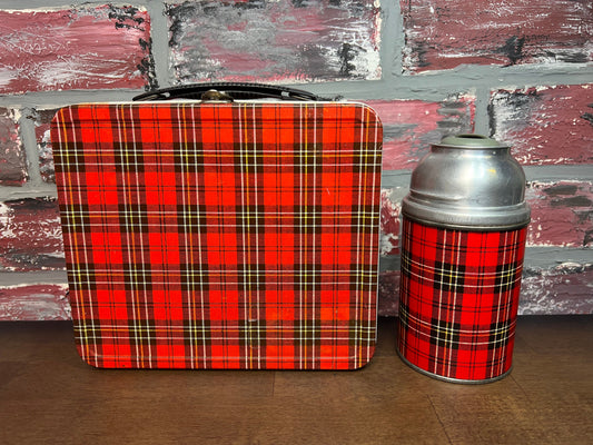 Rare Vintage Plaid Metal Lunchpail With Thermos